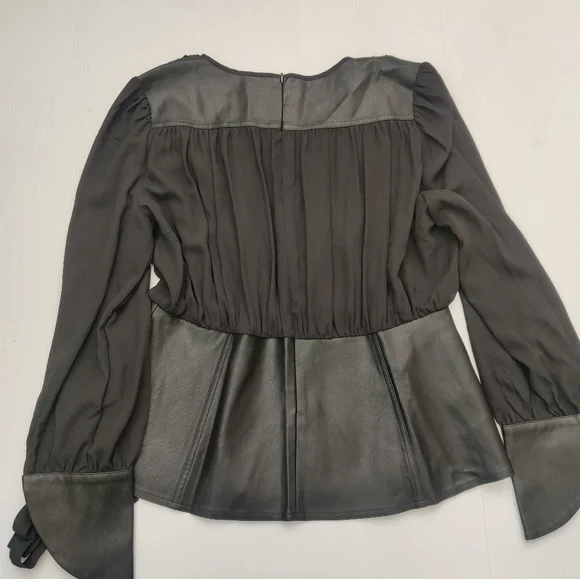 Gracia Black Peplum Chiffon Gathered Blouse With Faux Leather Accents. - Picture 6 of 9
